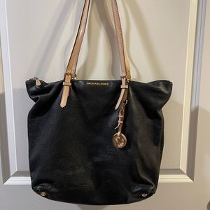 Michael Kors Leather Handbag w/Brown Straps, Black Shopper Tote Zip Close